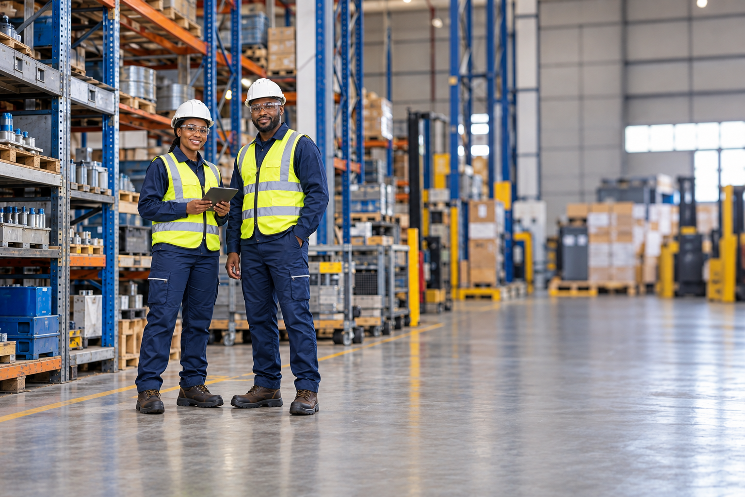 Industrial team wearing navy workwear, high visibility vests and safety boots.